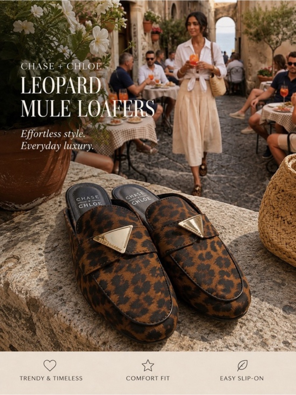 Chase + Chloe Leopard Slide Mules Gold Hardware Backless Loafers